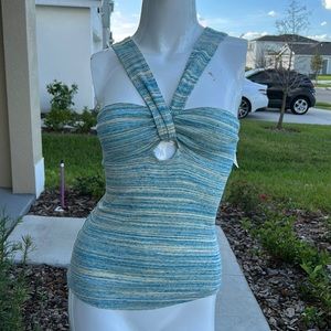 Free People Striped Twist Halter Tank in Blue and Cream
